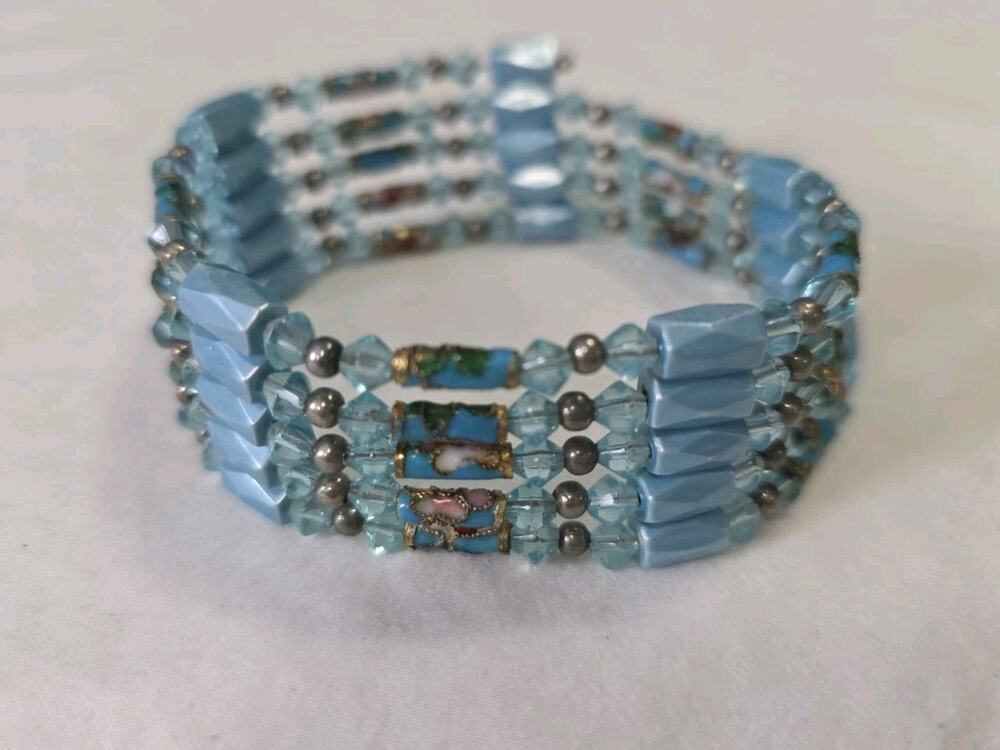 Magnetic Hematite Beads Wrap Around Bracelet Light Blue With Cloisonne Accents